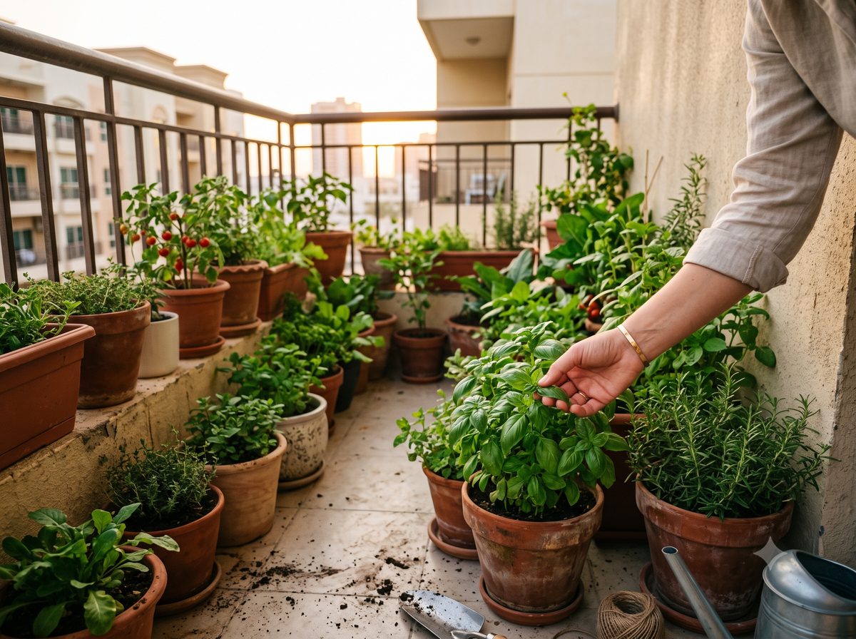 شرفة صغيرة مليئة بأصص الخضروات والأعشاب